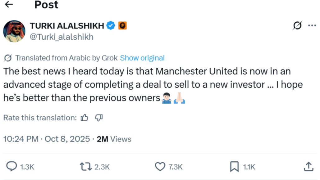 Manchester United en venta: promotor saudí afirma que la venta está avanzada