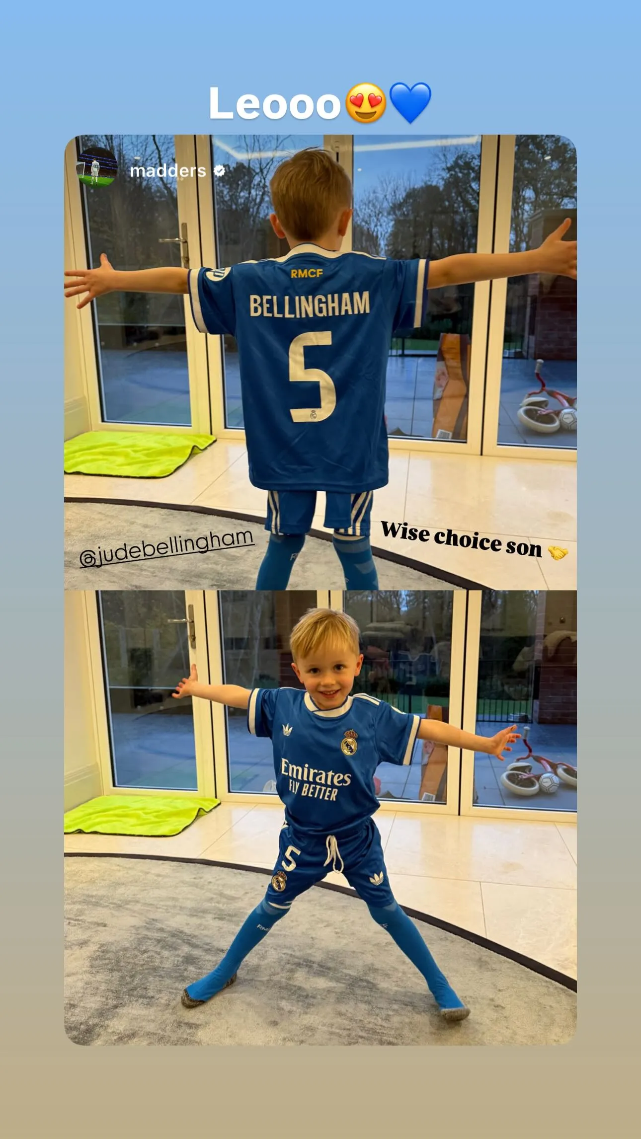 James Maddison viste a su hijo con camiseta de Jude Bellingham en Real Madrid